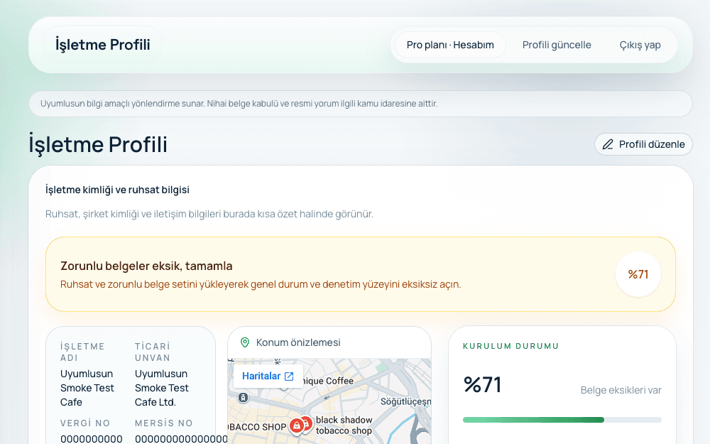 Uyumlusun gerçek işletme profili ve kurulum durumu ekranı